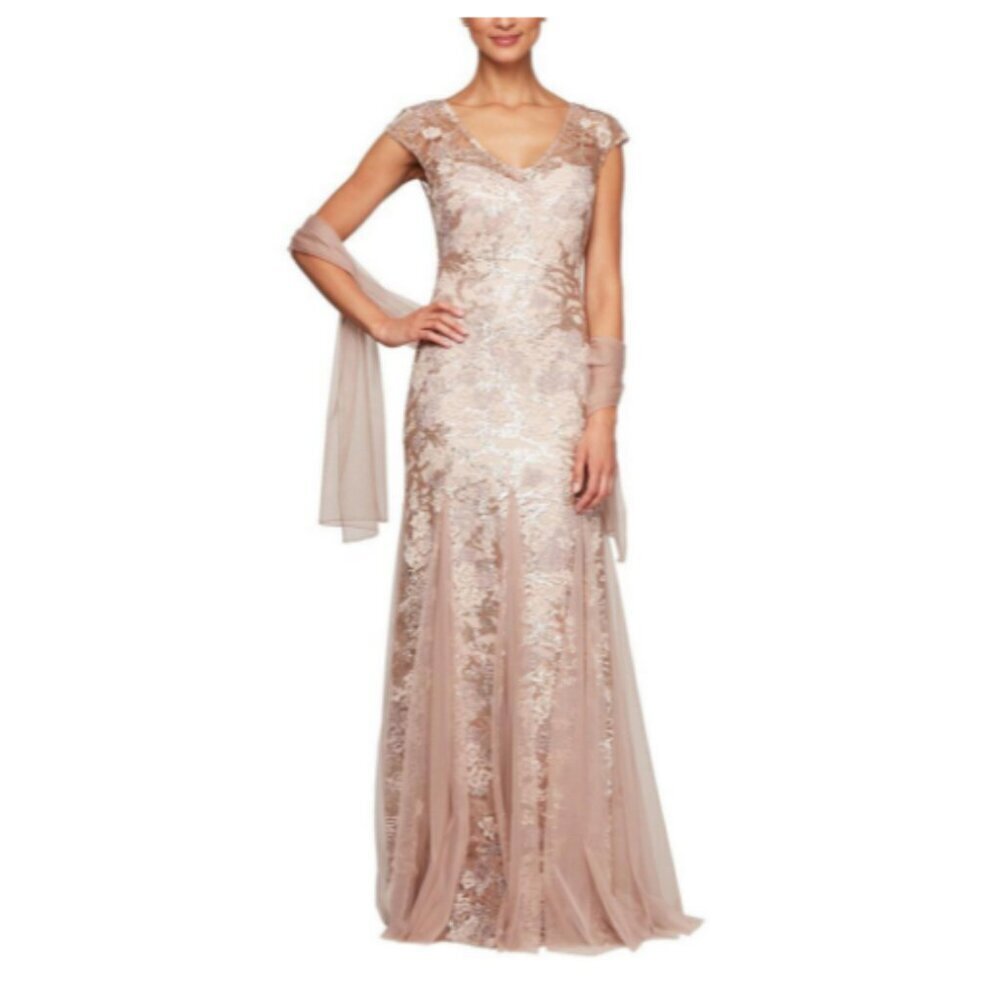 Alex Evenings Floral Embroidered Gown With Shawl